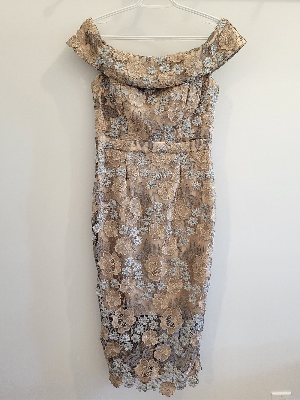 Xscape Taupe Silver Lace Off The Shoulder Pencil Midi Cocktail Dress